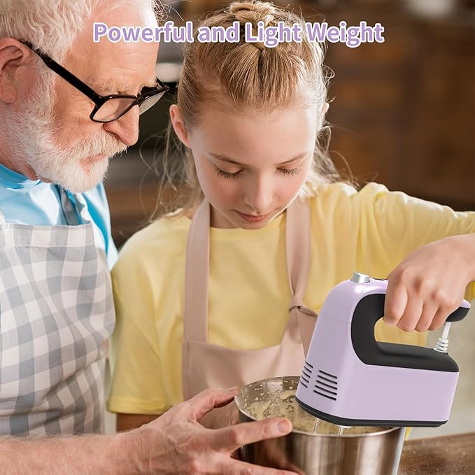 9-Speed Digital Hand Mixer Electric, 400W Powerful DC Motor, Baking Handheld with Snap-On Storage Case, 5 Stainless Steel Accessories, Flat Beaters, Dough Hooks, Whisk(Purple/Black)