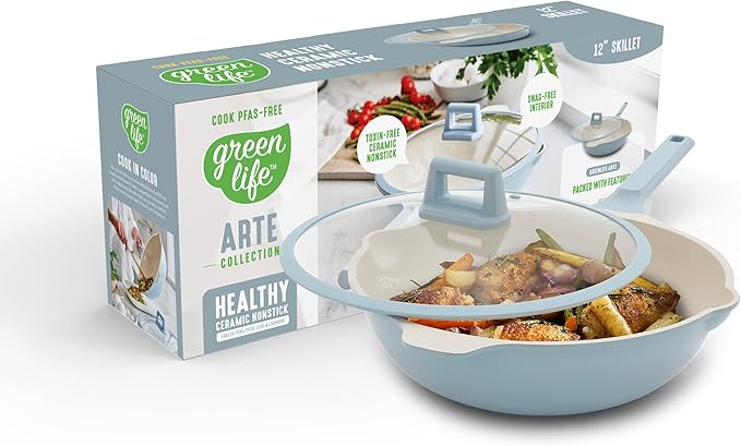GreenLife Nonstick 12??(5QT) All in One Deep Skillet Wok with Lid, PFAS-Free Non-Toxic Ceramic Multi-Purpose Pan, Induction, All Stovetop, Egg, Stir Fry, Saute, Stay Cool Handle, Blue Haze