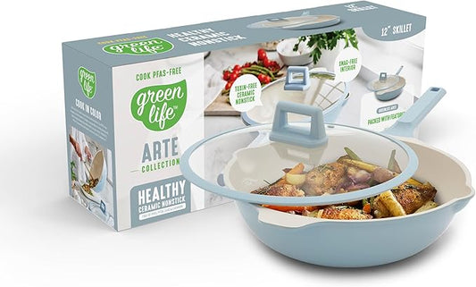 GreenLife Nonstick 12??(5QT) All in One Deep Skillet Wok with Lid, PFAS-Free Non-Toxic Ceramic Multi-Purpose Pan, Induction, All Stovetop, Egg, Stir Fry, Saute, Stay Cool Handle, Blue Haze