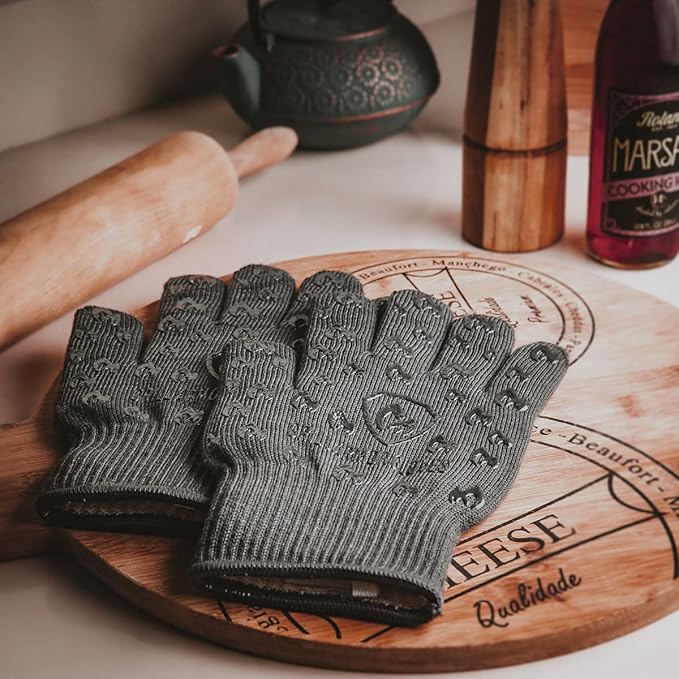 Oven Gloves with Fingers - 932째F Extreme Heat Proof and Cut Resistant Mitts for Kitchen, BBQ, Grill, Baking, Fire Pit - EN407 Certified with Non-Slip Silicone Grip and Cotton Lined for Comfort