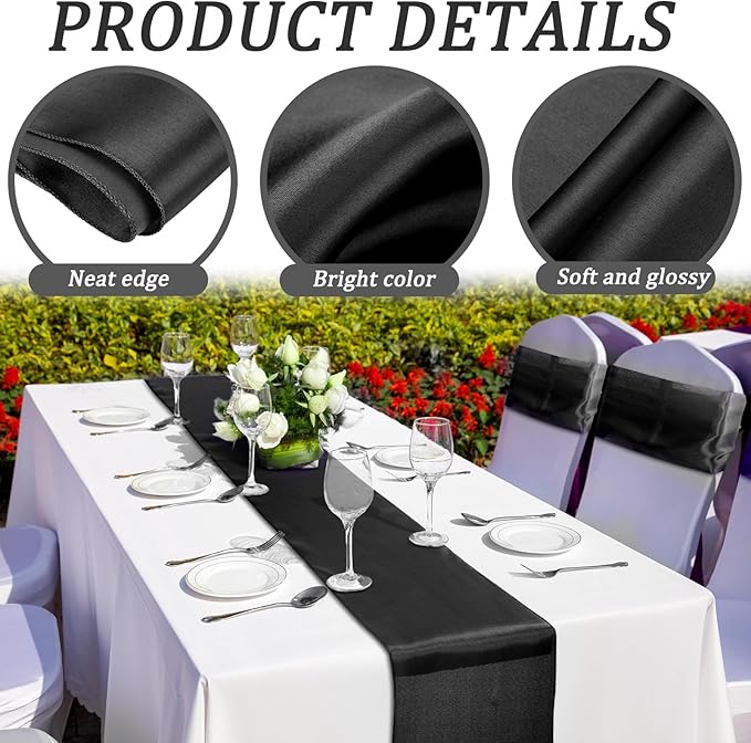 Bencailor 24 Pcs Black Satin Table Runner Bulk 12 x 108 Inches Long Table Runners Bright Smooth Fabric Tablecloth for Wedding Banquet Birthday Valentines St Patrick's Day Party Decorations