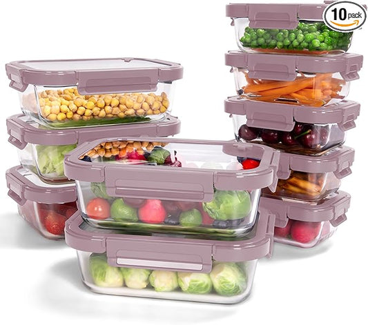 10-Pack Glass Food Storage Containers with Tempered Lids ??Borosilicate, Airtight, Oven-Safe (-4째F~950째F), BPA-Free, 4.4 & 1.6 Cup, Leak-Proof, Dishwasher Safe (Pink)