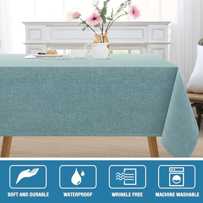H.VERSAILTEX Linen Textured Tablecloth 60 x 120 Waterproof Decorative Table Cloth Spill-Proof Linen Look Cover for Party Table Extra Soft and Thick Fabric Wrinkle Free, Heather Aqua