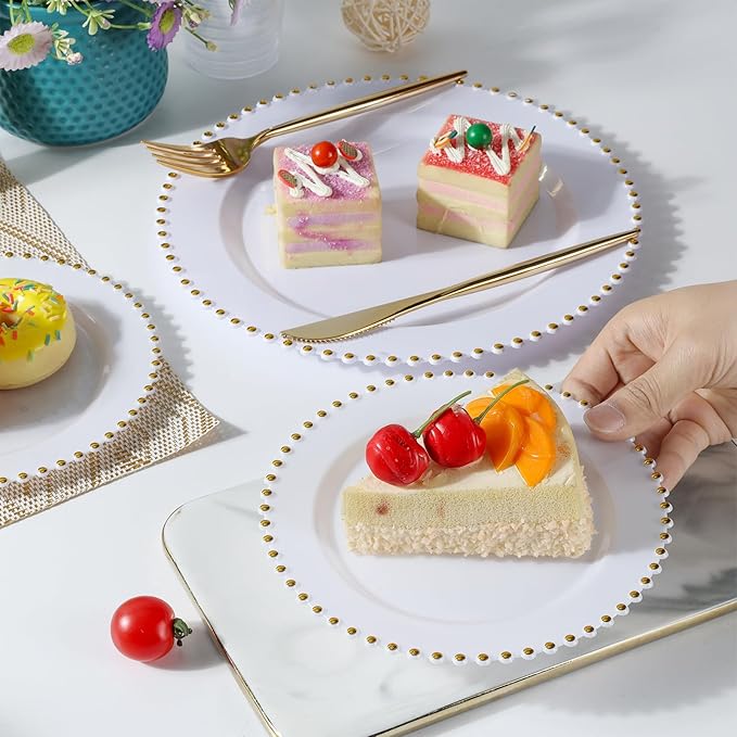 EI 60pcs White Plastic Plates with Gold Rim,Heavy Duty Plastic Plates Disposable,White and Gold Plate for Party,Wedding,Birthday,Afternoon Tea,Spring,Mother's Day,Valentine's Day
