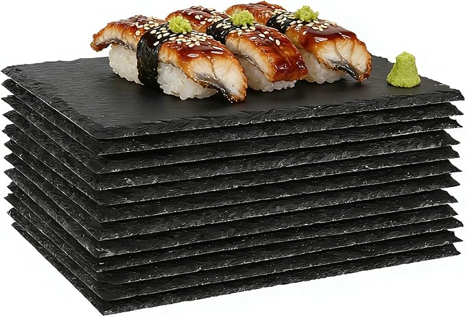 12PCS 9inch*6inch Natural Slate Cheese Board Sushi Placemat Stone Charcuterie Platter Food Contact Safe Stone Slate Tiles for Laser Engraving,Suitable for Party, Gift, Fruit, Meat, Wedding