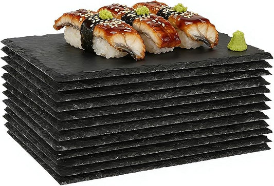 12PCS 9inch*6inch Natural Slate Cheese Board Sushi Placemat Stone Charcuterie Platter Food Contact Safe Stone Slate Tiles for Laser Engraving,Suitable for Party, Gift, Fruit, Meat, Wedding