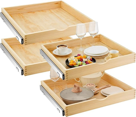 Sintuff 4 Set Wooden Pull out Tray Cabinet Organizer Gentle Close Roll out Shelves for Kitchen Cabinets Fully Assembled Slide Pantry Shelves (24'' X 21'')