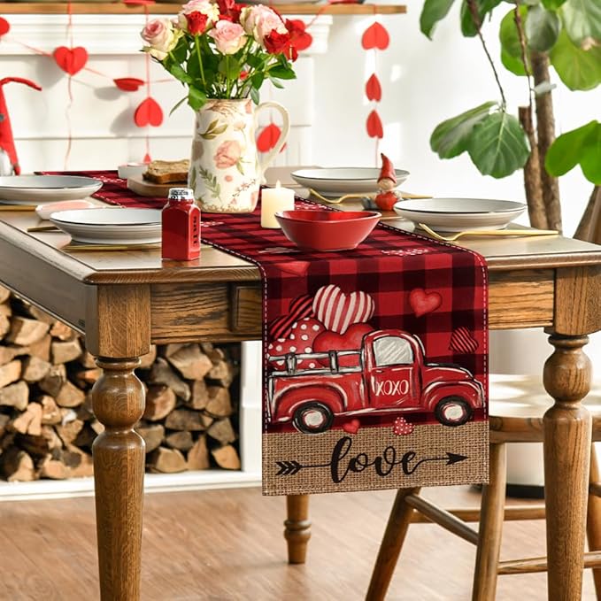 Artoid Mode Black Red Buffalo Plaid Hearts Truck Love Valentine's Day Table Runner, Kitchen Dining Table Decoration for Home Party Decor 13x72 Inch