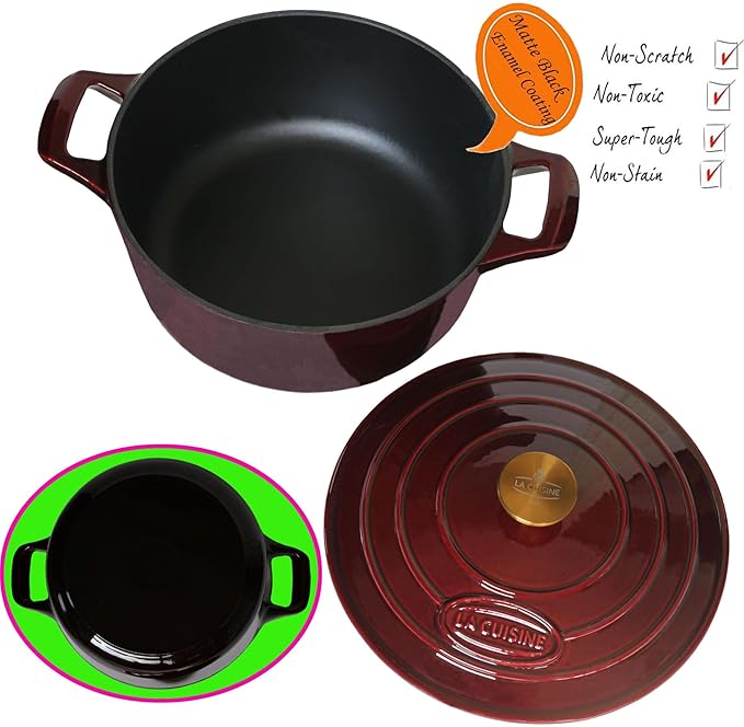 La Cuisine Enameled Cast Iron Dutch Oven Casserole Dish Pot with Lid, 2.1 QT 7.9??/20cm Dia. Internal Matte Black Enamel Coating, Gold-Plated SS Lid Handle Oven Safe up to 500째 F, Cranberry