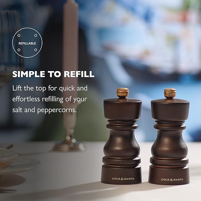 Cole & Mason London Refillable Spice Mill - Kitchen & Home Accessory - Salt & Pepper Grinder Set - Salt Mill with Ceramic Mechanism - Pepper Mill with Carbon Steel Mechanism - 5", Chocolate Wood