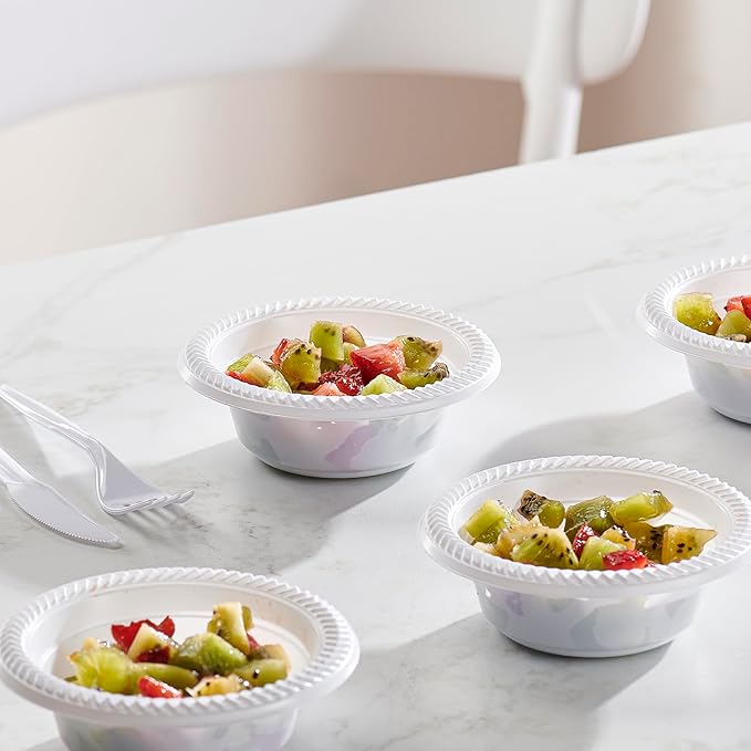 PLASTICPRO 200 PCS White Plastic Bowls 5 oz Premium Quality Light Weight Dishes Disposable Small Plastic Bowls for Dessert Appetizers Soups for Parties Weddings