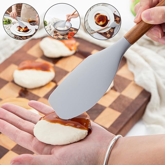 Silicone Spatula 2pcs Good Grips Silicone Spatula Food Grade Rubber Spatulas Acacia Solid Strong Handle Heat Resistant Up to 600째F for Nonstick Cookware, Cooking Spoons