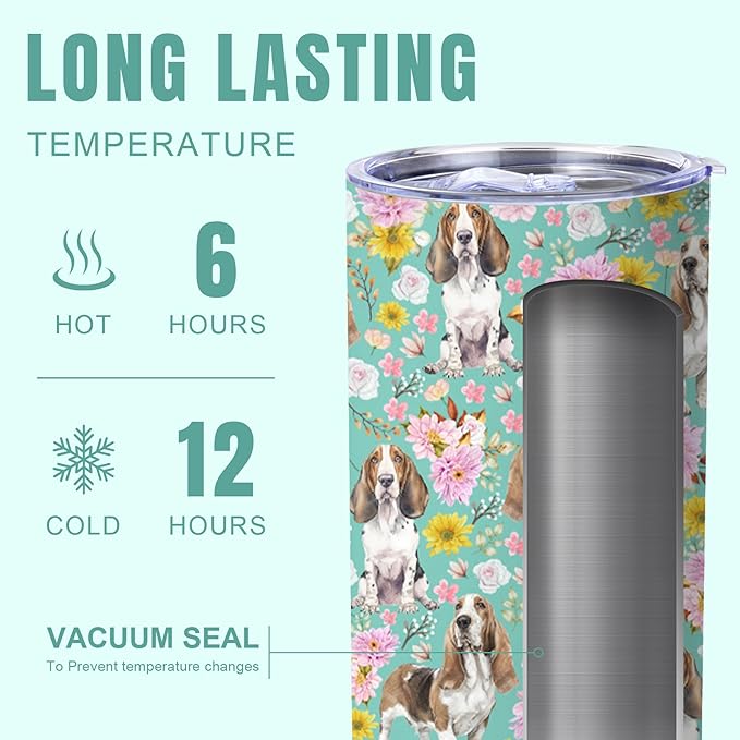 Yogusut Basset Hound Gifts for Women, 20oz Stainless Steel Insulated Tumbler Travel Mug Cup with Lid Straw Brush, Gifts for Dog Mom Dog Lover