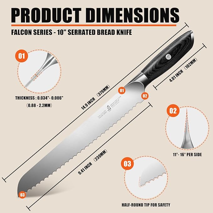 TUO Bread Knife, 10 inch Upgraded Serrated Knife for Homemade Sourdough Bread, High Carbon German Steel with Ergonomic Handle, Gift Box - Falcon Series