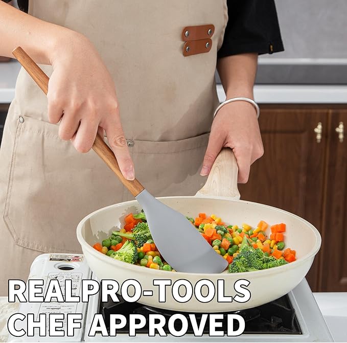 Silicone Spatula 2pcs Good Grips Silicone Spatula Food Grade Rubber Spatulas Acacia Solid Strong Handle Heat Resistant Up to 600째F for Nonstick Cookware, Cooking Spoons