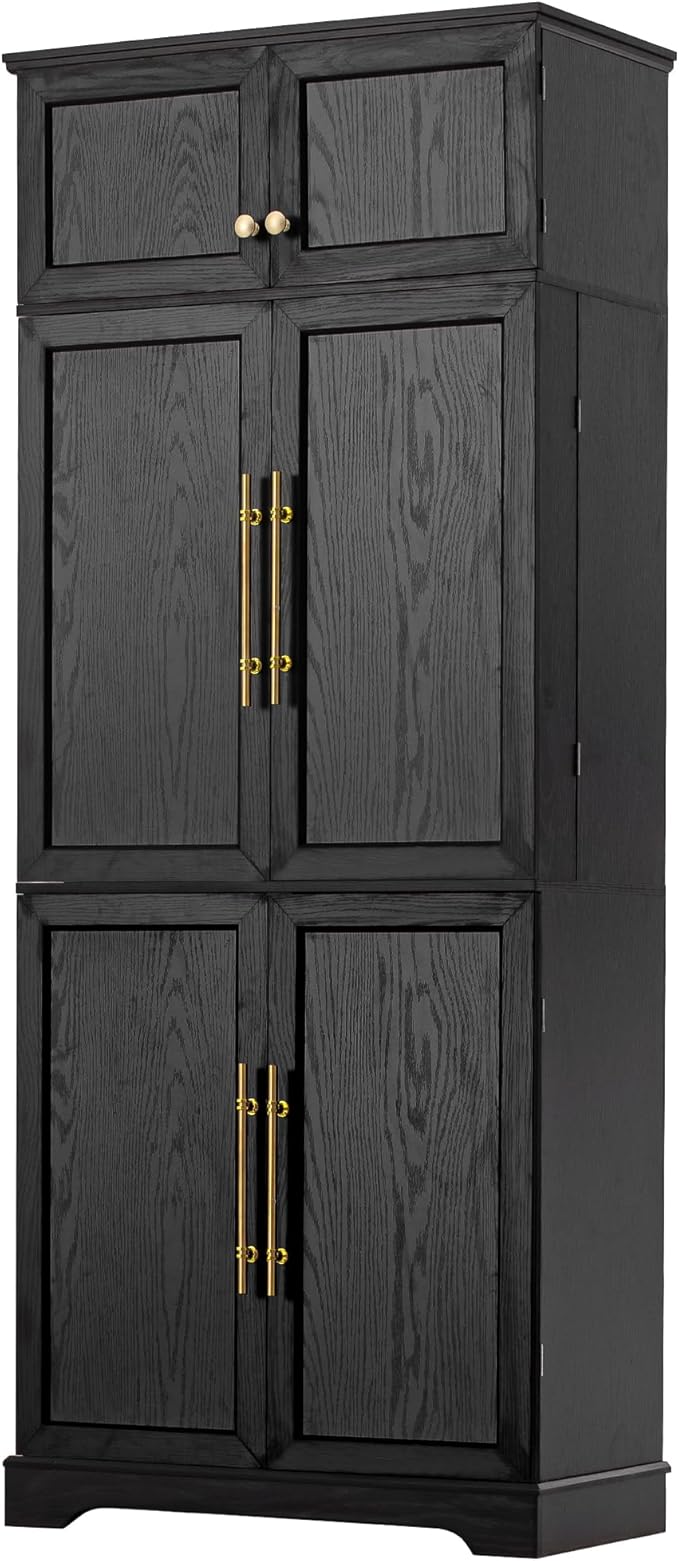 78" Farmhouse Tall Kitchen Pantry Cabinet, Wood Storage Cabinets with Hidden Drawer and 4 Adjustable Shelves, Cupboard with Wine Rack and Door Shelves for Kitchen Dining Room, Black