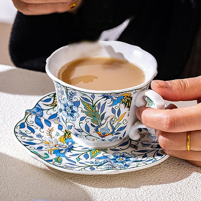 Vintage Floral Ceramic Tea Cups and Saucers,8.45 oz/260ml Small Breakfast Milk Coffee Mugs Colorful Flowers