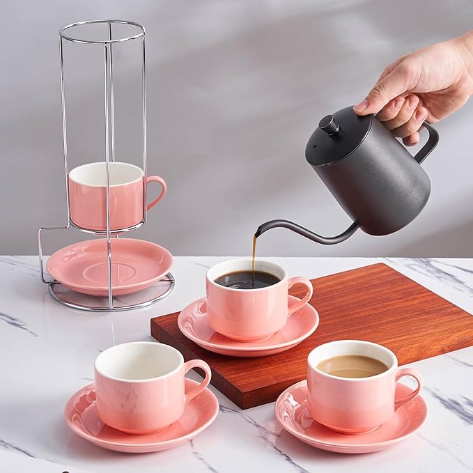 8oz Porcelain Cappuccino Cups with Saucers and Metal Stand, Stackable Coffee Cups for Specialty Coffee Drinks, Cappuccino, Latte, Espresso, Americano and Tea - Cups Set of 4, Pink
