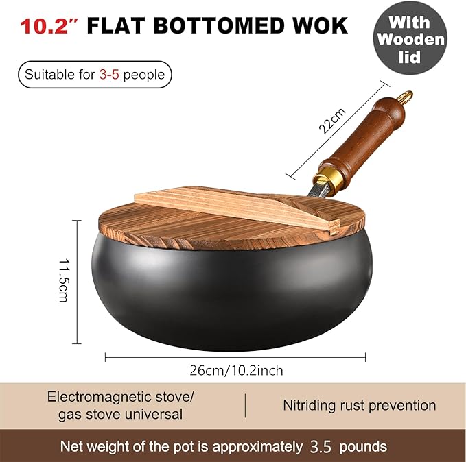 Carbon Steel Wok Pan, 10.2??Woks & Stir-Fry Pans with wooden Lid Cookwares, Nonstick Wok Flat Bottom Small Handmade Chinese Wok For for All Stoves