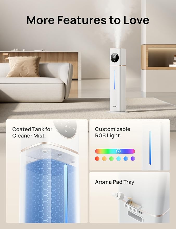 Dreo HM735S 11L Smart Humidifier Large Room 700 ft짼, 100H Cool Mist Air Humidifiers for Bedroom, Top-Fill Self-Cleaning Tank, 26dB, Auto Mode, Aroma Box, RGB Light, Remote & APP Control, Baby, White