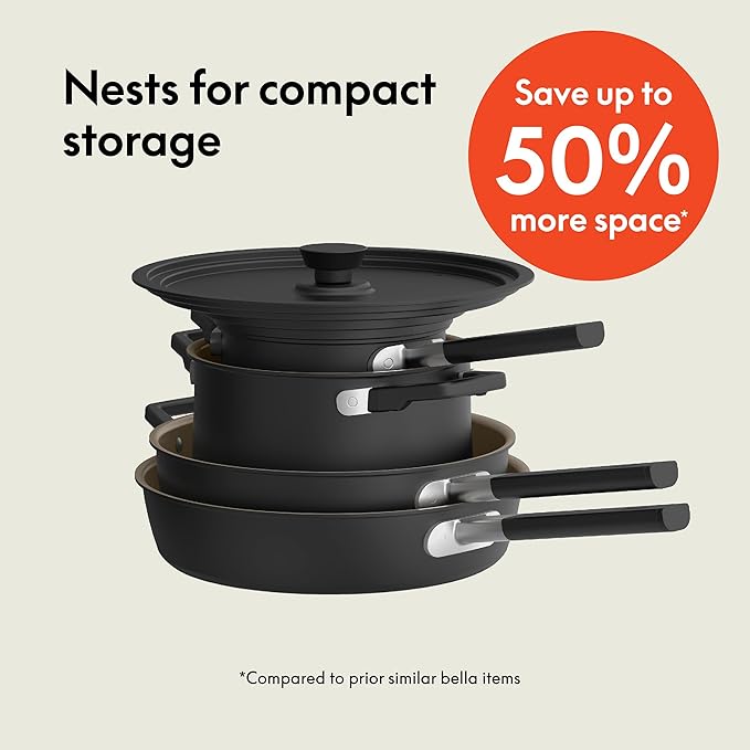 bella 9 Piece Ceramic Nonstick Cookware Set, Fits-anywhere??Kitchenware w EverGood??Coating, Dishwasher & Oven Safe, All Stovetops Compatible, Stackable Design, Cool Touch Handles, Black
