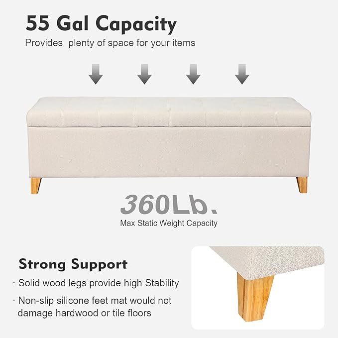 DECO DE VILLE Ottoman with Storage, 51 Inch End of Bed Storage Ottoman Bench, Linen Fabric Upholstered Ottomans with Hinged Lid, Rectangle Long Foot Rest Bench for Entryway Living Room Bedroom White
