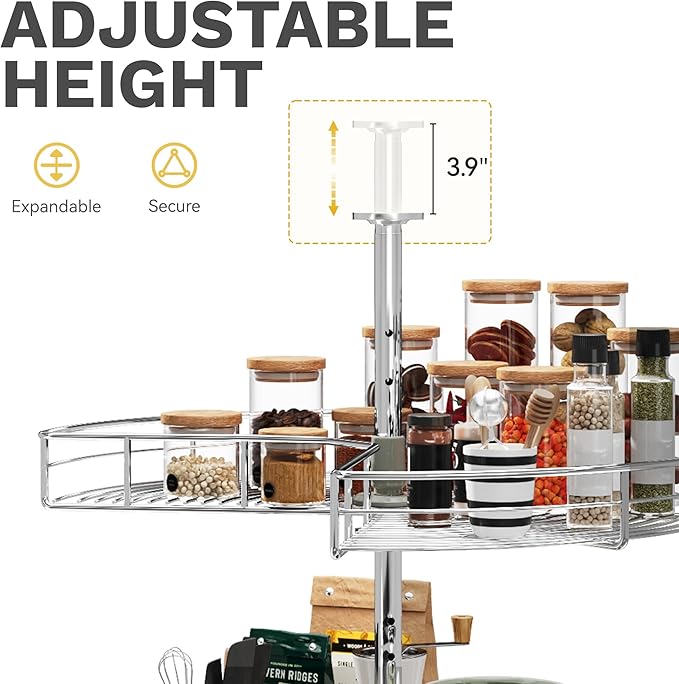 DWVO 28??Kidney 2-Tier Lazy Susan ??Telescoping Mount Corner Cabinet Organizer with Pie-Shelf Design, for Bathroom,Kitchen Cabinet Blind Corners (Chrome, 270째 Adjustable)