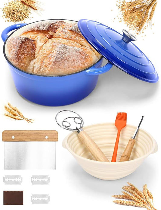 Dutch Oven for Bread Baking, 6QT Enameled Cast Iron sourdough dutch oven with Lid ??Includes Proofing Basket, Scoring Lame, Dough Whisk for Sour dough, Bread-making, Blue
