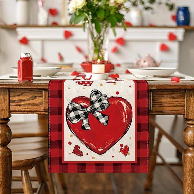 Artoid Mode Red Buffalo Plaid Heart Bow Tie Valentine's Table Runner, Seasonal Kitchen Dining Table Decoration for Home Party Decor 13x72 Inch