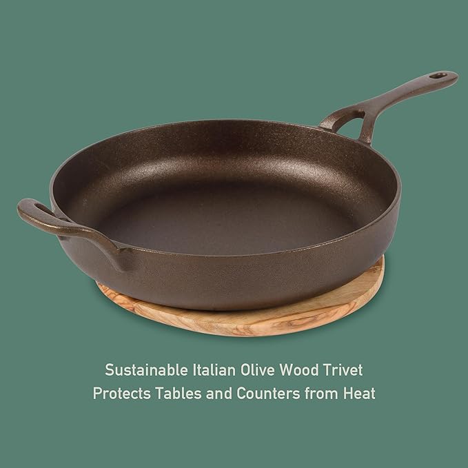 Bloomhouse - Two Time Oprah's Favorite Things Winner - Natural Bronze Finish 12" Cast Iron Skillet w/Long Handle, Helper Handle & Olive Wood Trivet ??Olive Oil Treated Fry Pan, Oven & Stovetop Safe