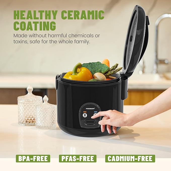 10-Cup Uncooked Rice Cooker & Food Steamer - Ceramic Coating Non-Toxic Inner Pot, One-Touch Multifunction for Rice/Sauté/Yogurt, Dishwasher Safe, 3-10 Family Size, Black