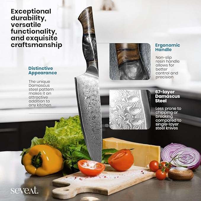 Damascus Kitchen Knife, 67-Layer Damascus Steel, 13??Professional Chef Knife Set for Kitchen, Ergonomic Wood & Resin Handle in Gift Box, Ideal for Gifting (Black, 1 piece)