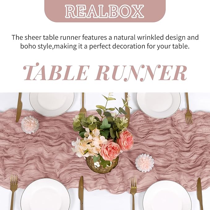 RealBox 3 Pack Dusty Pink Cheesecloth Table Runner 17x108 Inch Semi Sheer Boho Gauze Cheese Cloth Fabric Table Runners Table Decor for Wedding Party Baby Shower Birthday Home Decor Garden Farmhouse