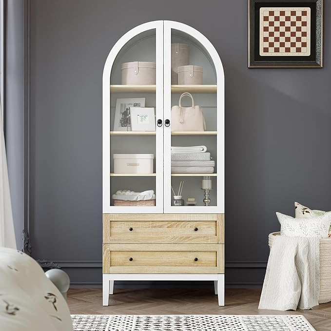 HLR 71" Tall Arched Storage Cabinet, Modern Farmhouse Kitchen Pantry Cabinet with Glass Doors and 2 Drawers, Versatile Display Cabinet for Kitchen, Dining Room, Living Room