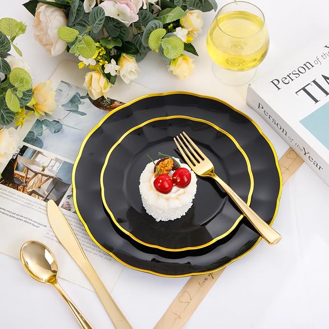 EI 150pcs Black Plastic Plates,Black and Gold Fancy Plate,Gold Plastic Silverware,Black and Gold Dinnerware Set,Premiun Heavy Duty Taleware,Perfect for Party,Wedding,Business Events,Hotel Banquets