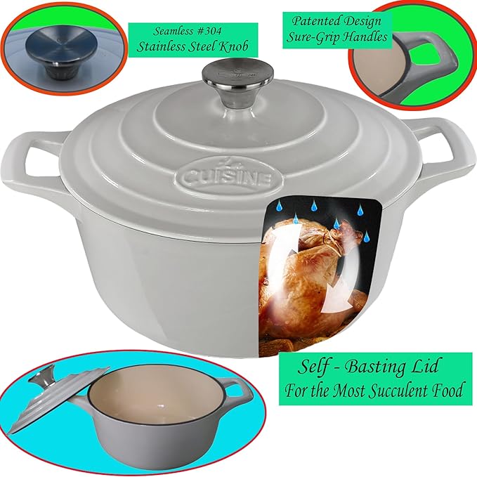 La Cuisine Enameled Cast Iron Dutch Oven Casserole Dish Pot with Lid 5 QT 10.3" /26cm Cream White Enamel Coating Interior, White Enamel Coating Exterior, Oven Safe up to 500째 F