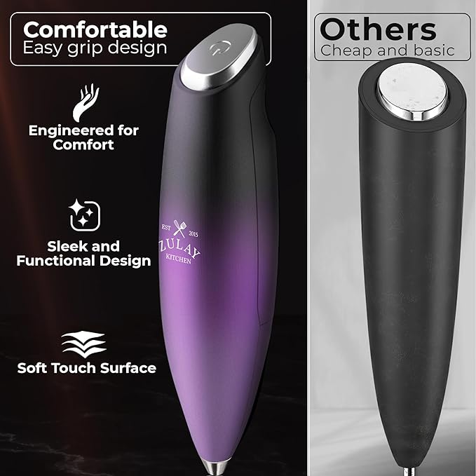 Zulay Kitchen Patented Tornado Triple Whisk Milk Frother with 4 Duracell Batteries ??Handheld Foam Maker for Coffee, Lattes, Matcha & Hot Chocolate ??Rich, Creamy Froth in Seconds