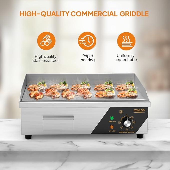 ROVSUN 22" Electric Countertop Flat Top Griddle, 1600W Electric Griddle, Teppanyaki Grill Stainless Steel with Adjustable Temperature Control 122째F-572째F for Home Restaurant Commercial