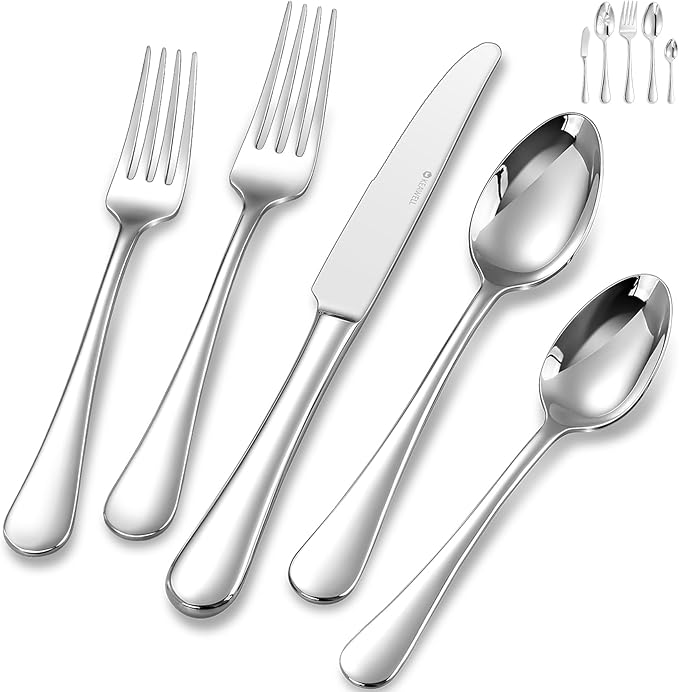 KEAWELL Premium Verona 65-Piece Silverware Set for 12 ??Heavy Duty 18/10 Stainless Steel, Brilliant Mirror Finish, Smooth Edges, Dishwasher Safe (65, Silver)