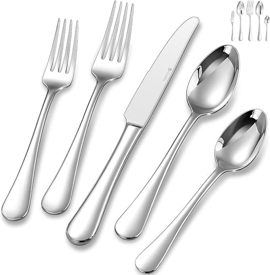 KEAWELL Premium Verona 65-Piece Silverware Set for 12 ??Heavy Duty 18/10 Stainless Steel, Brilliant Mirror Finish, Smooth Edges, Dishwasher Safe (65, Silver)