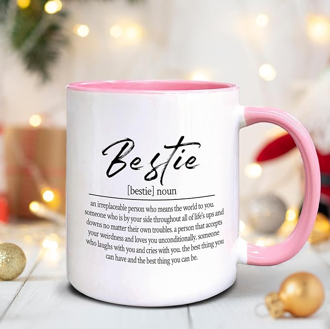 QASHWEY Bestie Definition Coffee Mug, Best Friend Bestie BFF Soul Sister Gifts for Women Teen Girls,Inspirational Friendship Gifts Double Side Printed Ceramic Mug Cup 11 Ounce(Pink)