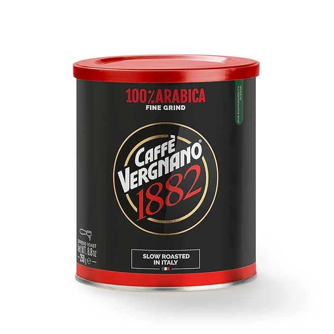 Caff챔 Vergnano Italian Finely Ground 100% Arabica Espresso Coffee ??Intensity 6, Delicate & Subtly Fruity Flavor Blend, Slow Roasted with Notes of Milk Chocolate, Caramel & Nuts, 8.82 oz Tin