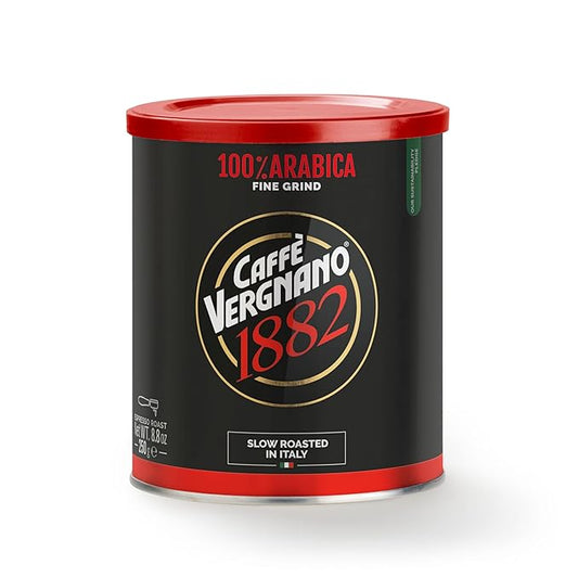 Caff챔 Vergnano Italian Finely Ground 100% Arabica Espresso Coffee ??Intensity 6, Delicate & Subtly Fruity Flavor Blend, Slow Roasted with Notes of Milk Chocolate, Caramel & Nuts, 8.82 oz Tin