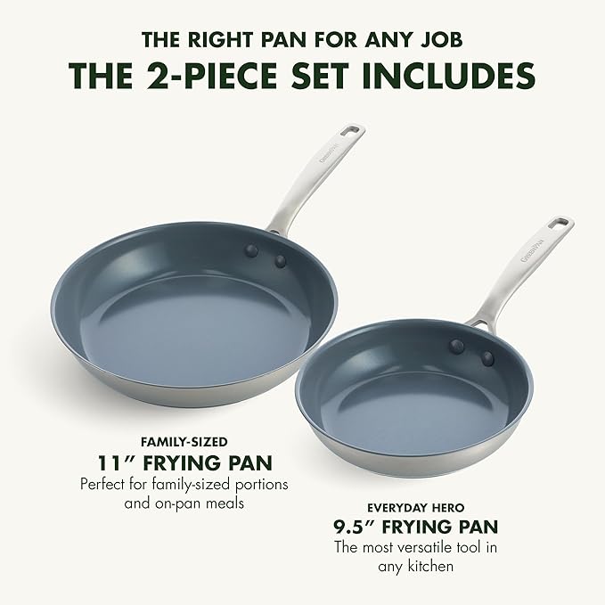 GreenPan Treviso 9.5??and 11??Frying Pan skillet Set, Non-Toxic PFAS-Free Stainless Steel Ceramic Nonstick Coating, Induction Suitable, Multi Clad, Pouring Rims, Dishwasher & Oven Safe to 600째