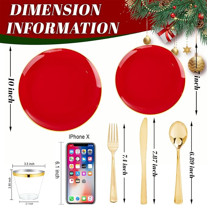 WDF 300Pcs Red Disposable Plates - Red Plastic Plates - 50guest Disposable Dinnerware Include 50 Dinner Plate, 50 Dessert Plate, 150 Cutlery & 50 9oz Cups for Valentine's Day & Parties