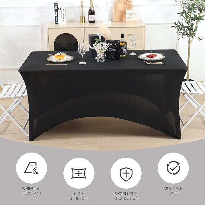 Fixwal 6 Pack Table Cover, 6FT Spandex Table Cloth Fitted Rectangular Tablecloth Resistant Stretch Rectangular Patio Table Cover for Event, Wedding, Banquet, Party (Black, 72L x 30W x 30H Inch)