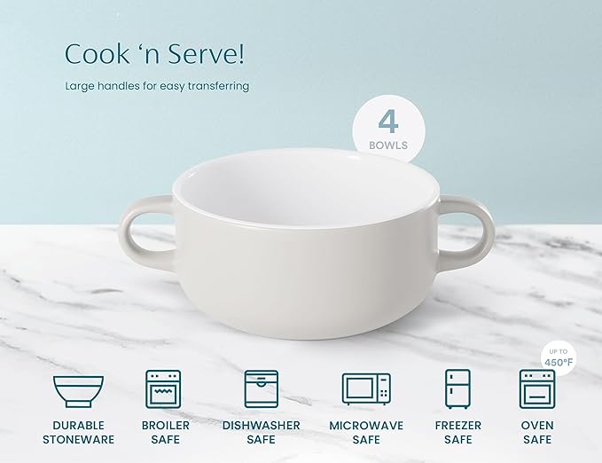 Kook Soup Crocks, Ceramic Bowls, Broil, Oven, Microwave and Dishwasher Safe, with Handles, For Casserole, Pasta, Cereal, 18 oz, Set of 4 (Coconut White)