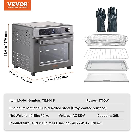 VEVOR 12-IN-1 Air Fryer Toaster Oven, 25L Convection Oven, 1700W Toaster Ovens Countertop Combo with Grill, Pizza Pan, Gloves, 12 Slices Toast, 12-inch Pizza, Home and Commercial Use (Grey)