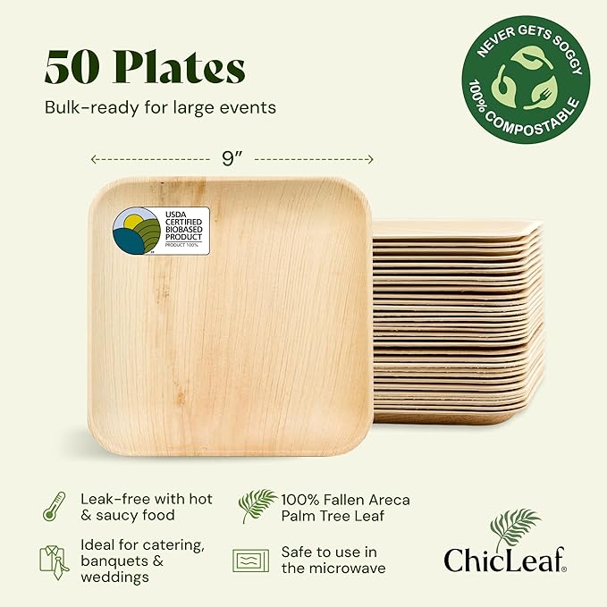 Chic Leaf Palm Leaf Bamboo Style Plates - 9-Inch Square, Pack of 50 - Compostable Serving Platters - Microwave-Safe Disposable Plates - Durable Party Dishware for Winter Events & Indoor Gatherings