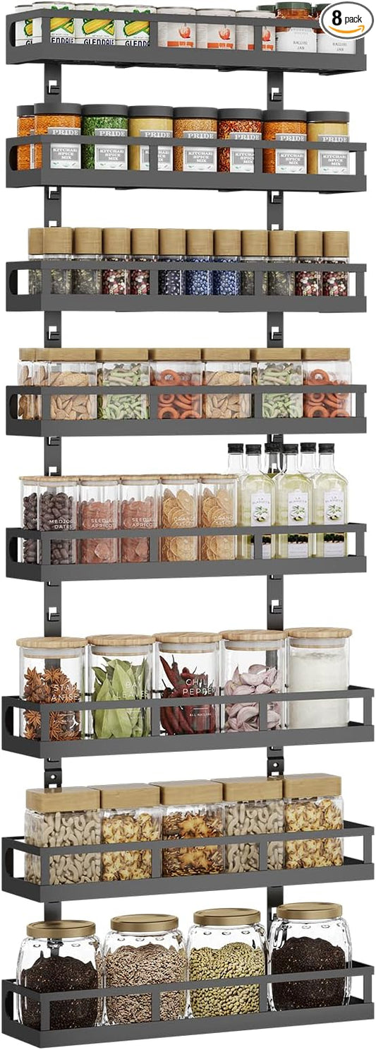 X-cosrack 8-Tier Adjustable Spice Rack ??Wall-Mounted Space-Saving Organizer with Mixed Baskets, Large-Capacity Seasoning Holder for Kitchen & Pantry (Black)